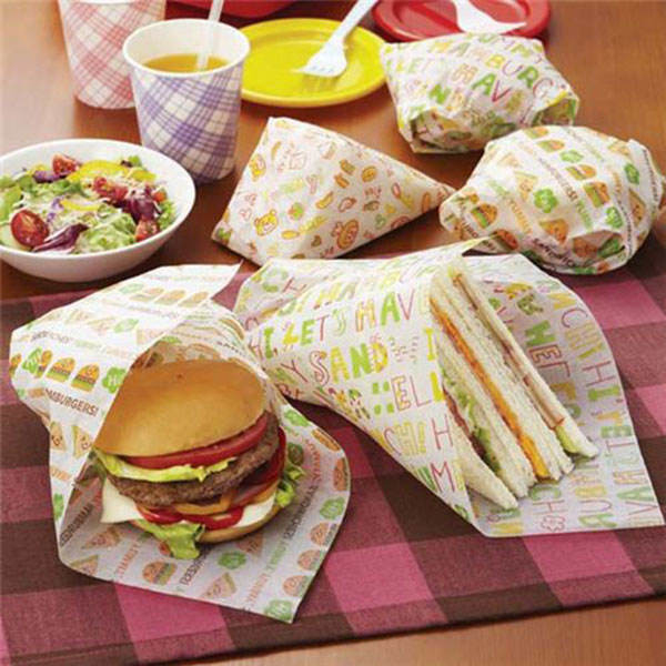 Cetak khusus pembungkus kertas food grade tahan minyak untuk kemasan aluminium foil hamburger sandwich