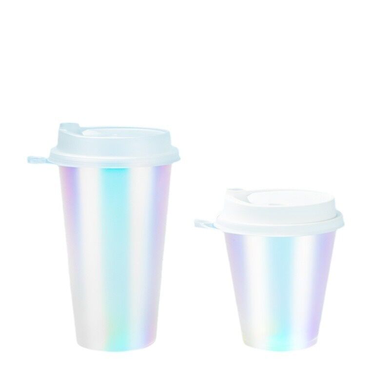 Custom Logo IML Injection Molded Coffee Cups ️ Rainbow Film Plastic Beverage Cups dengan tutup, sekali pakai