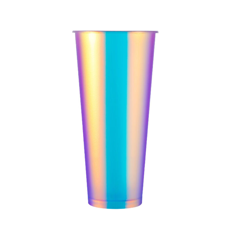 Custom Logo IML Injection Molded Coffee Cups ️ Rainbow Film Plastic Beverage Cups dengan tutup, sekali pakai