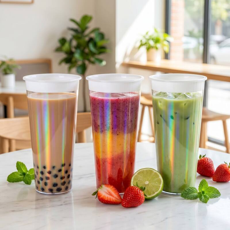 Custom Logo IML Injection Molded Coffee Cups ️ Rainbow Film Plastic Beverage Cups dengan tutup, sekali pakai