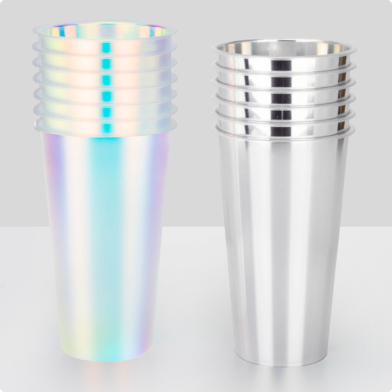 Custom Logo IML Injection Molded Coffee Cups ️ Rainbow Film Plastic Beverage Cups dengan tutup, sekali pakai