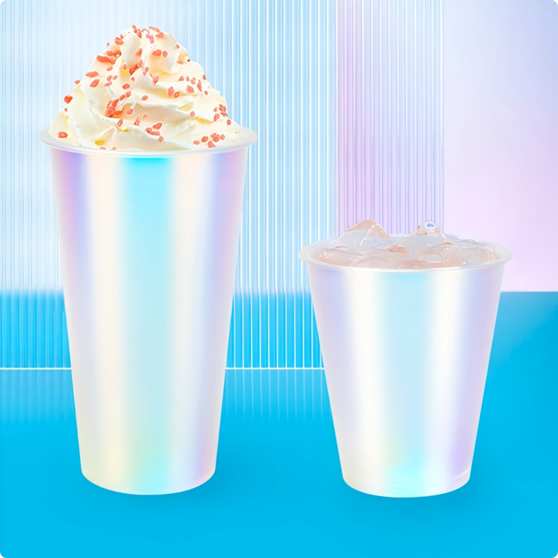 Custom Logo IML Injection Molded Coffee Cups ️ Rainbow Film Plastic Beverage Cups dengan tutup, sekali pakai