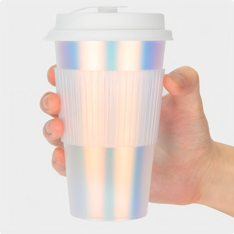 Custom Logo IML Injection Molded Coffee Cups ️ Rainbow Film Plastic Beverage Cups dengan tutup, sekali pakai