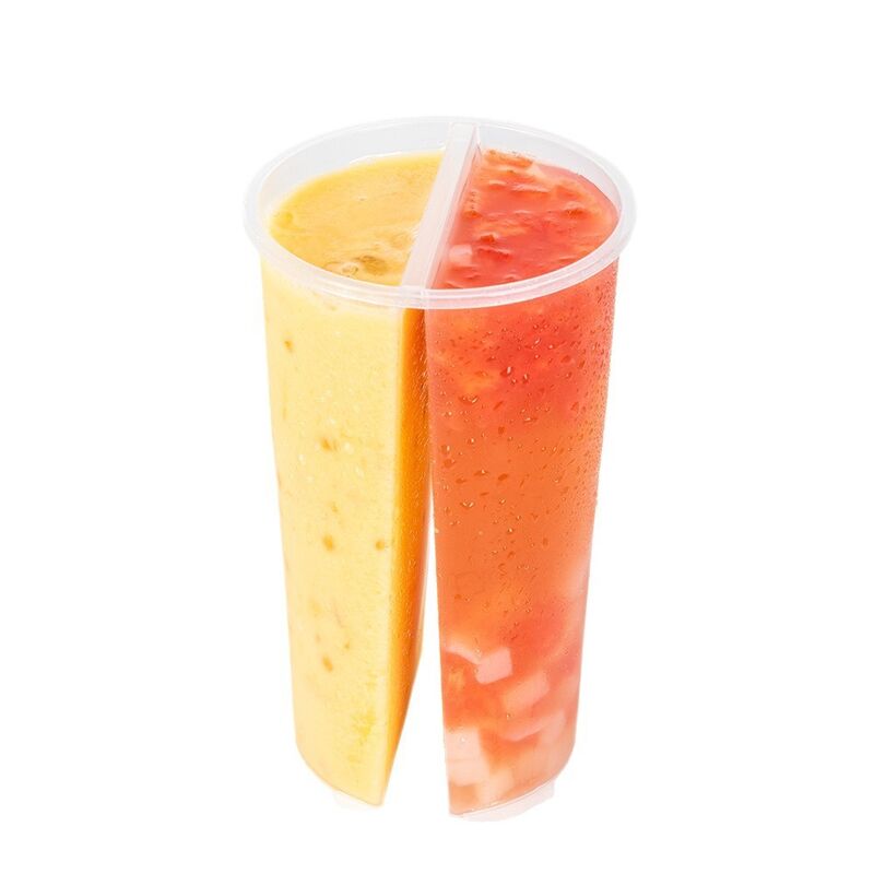 Grosir Cangkir Berbagi Dua Kompartemen Kaliber 95mm – Cangkir Plastik Terpisah Dua Sisi dengan Tutup untuk Teh Boba, Jus & Minuman Campuran