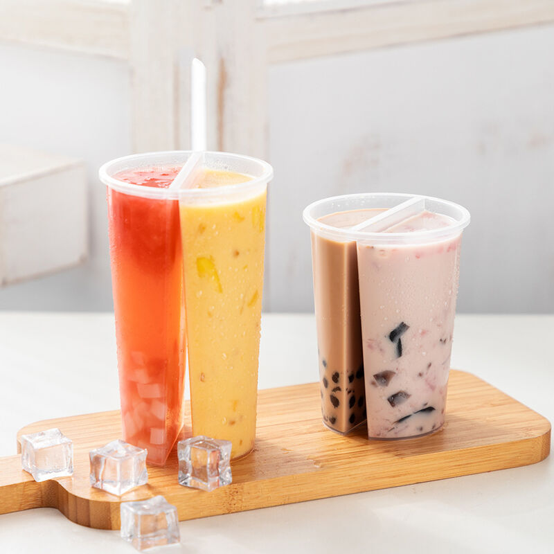 Grosir Cangkir Berbagi Dua Kompartemen Kaliber 95mm – Cangkir Plastik Terpisah Dua Sisi dengan Tutup untuk Teh Boba, Jus & Minuman Campuran