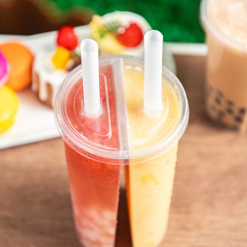 Grosir Cangkir Berbagi Dua Kompartemen Kaliber 95mm – Cangkir Plastik Terpisah Dua Sisi dengan Tutup untuk Teh Boba, Jus & Minuman Campuran