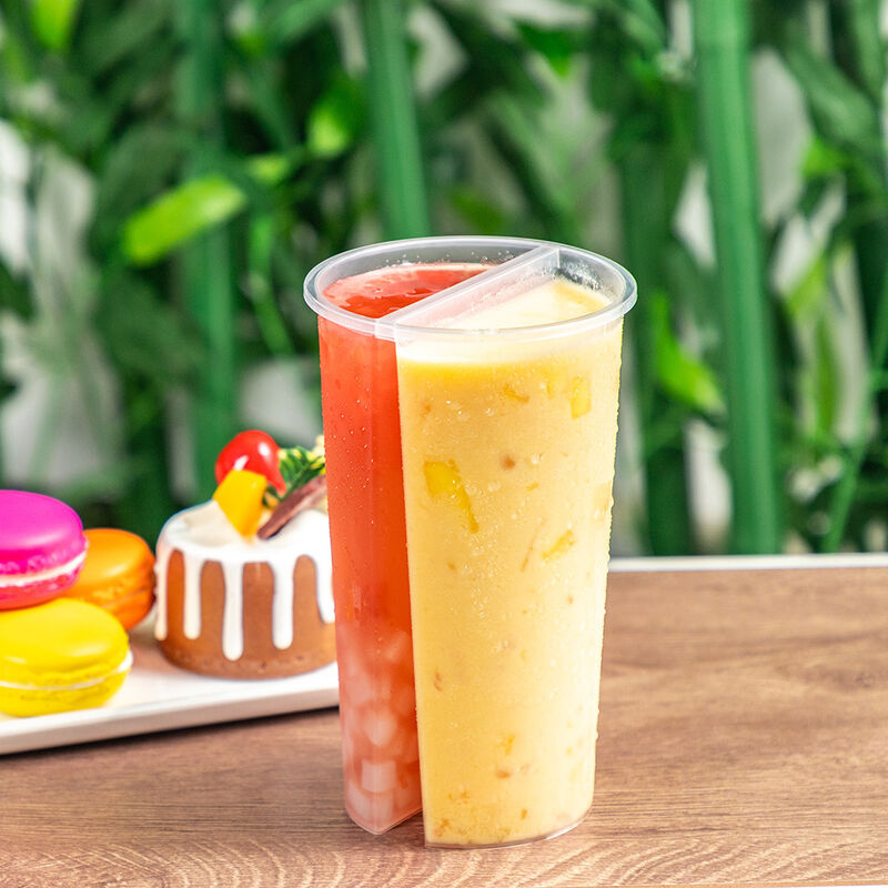 Grosir Cangkir Berbagi Dua Kompartemen Kaliber 95mm – Cangkir Plastik Terpisah Dua Sisi dengan Tutup untuk Teh Boba, Jus & Minuman Campuran