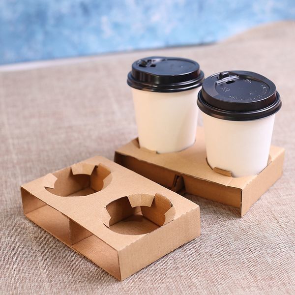 Pakai Bergelombang Cangkir Kopi Pembawa Kertas Kraft Hot Drink Holder Untuk Packing Cup